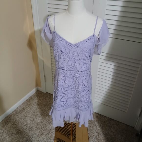 BOOHOO US 8 Lavender Lace Ruffle knee-length Dress spag strap w/ruffle shoulders - Picture 5 of 16